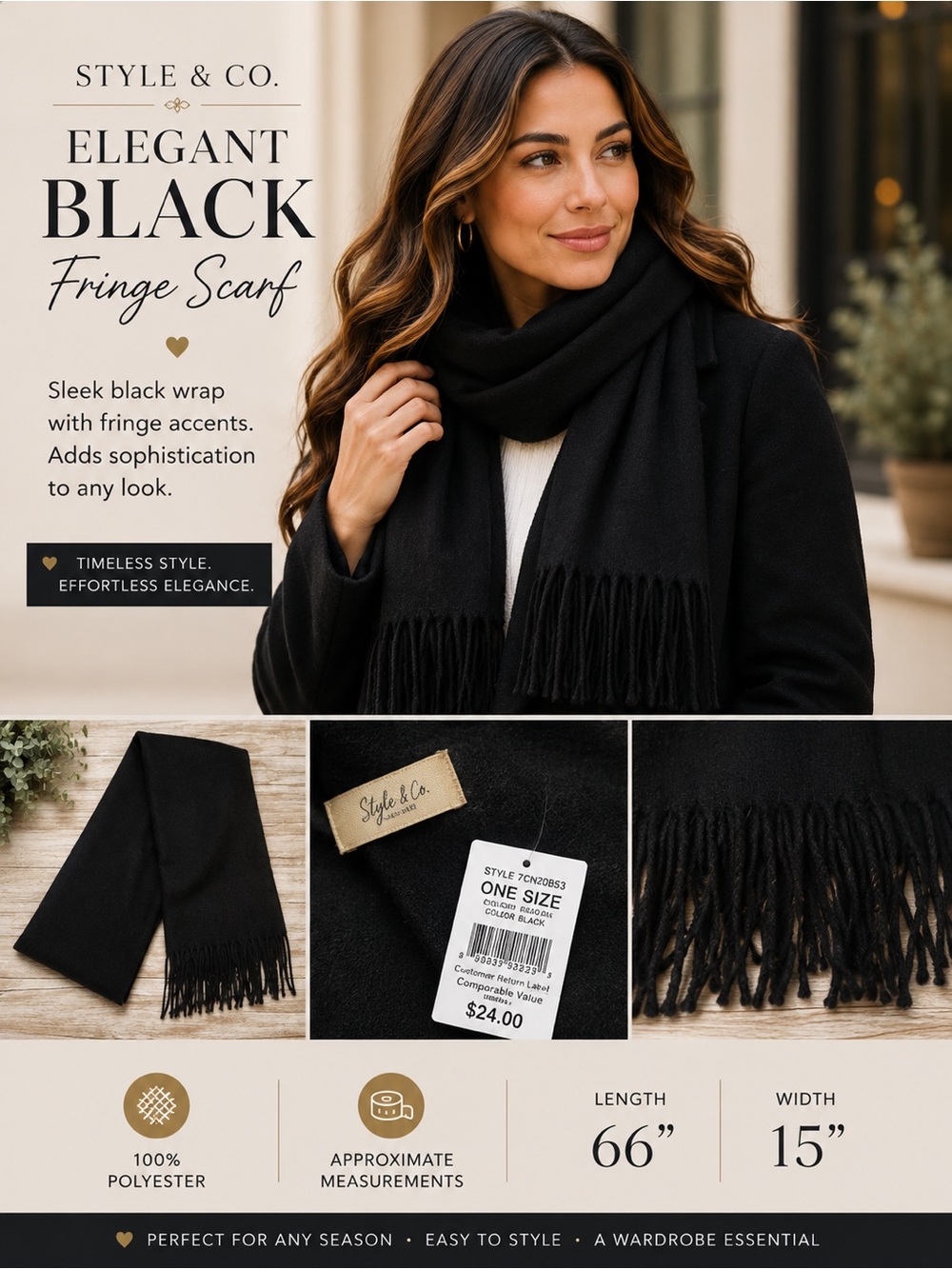 Style & Co.‎ Elegant Black Fringe Scarf NEW